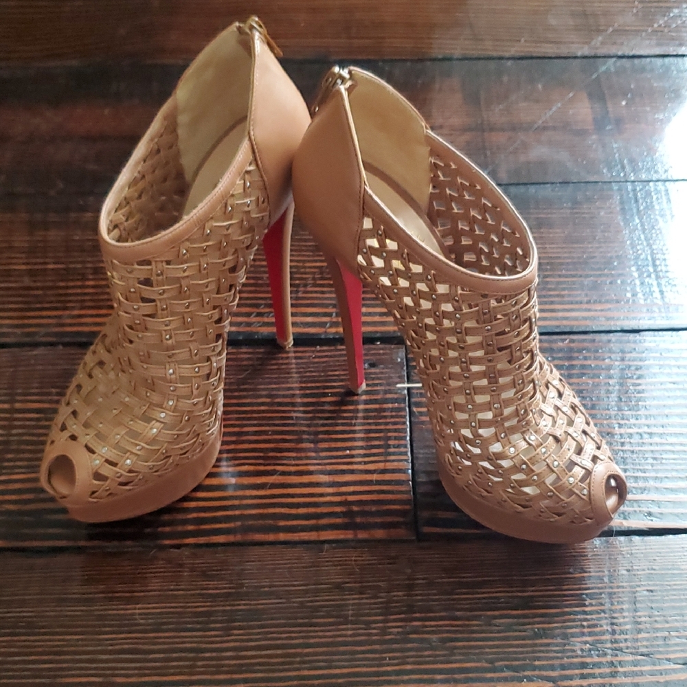 Christian Louboutin Tan and Red Peep-Toe Heels